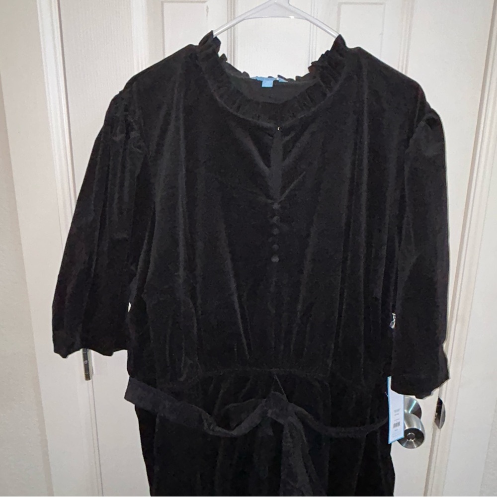 Draper James Black Midi Dress Size 3X NWT Tiered Skirt Ruffled Neck - Picture 4 of 14
